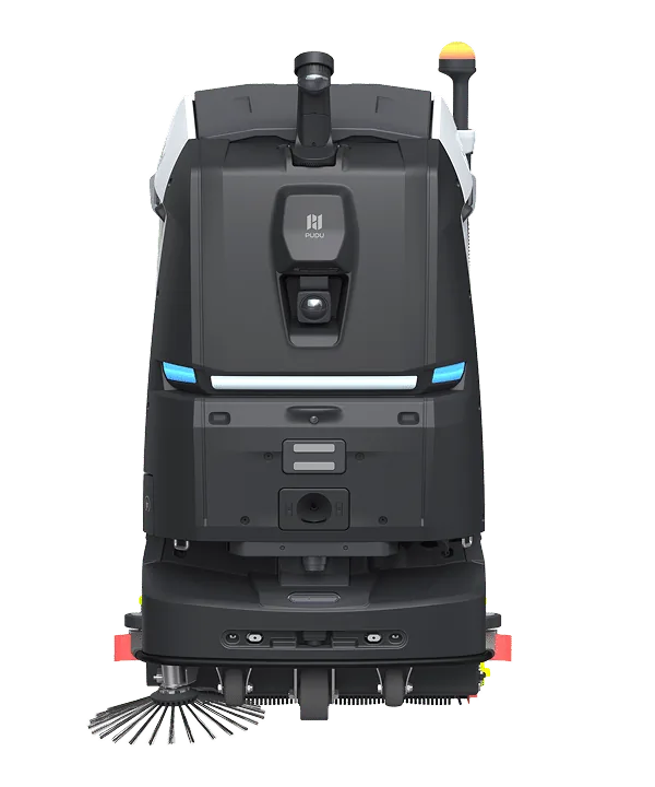 PUDU BG1 Pro, vista frontal con LiDAR 3D y cepillos de limpieza