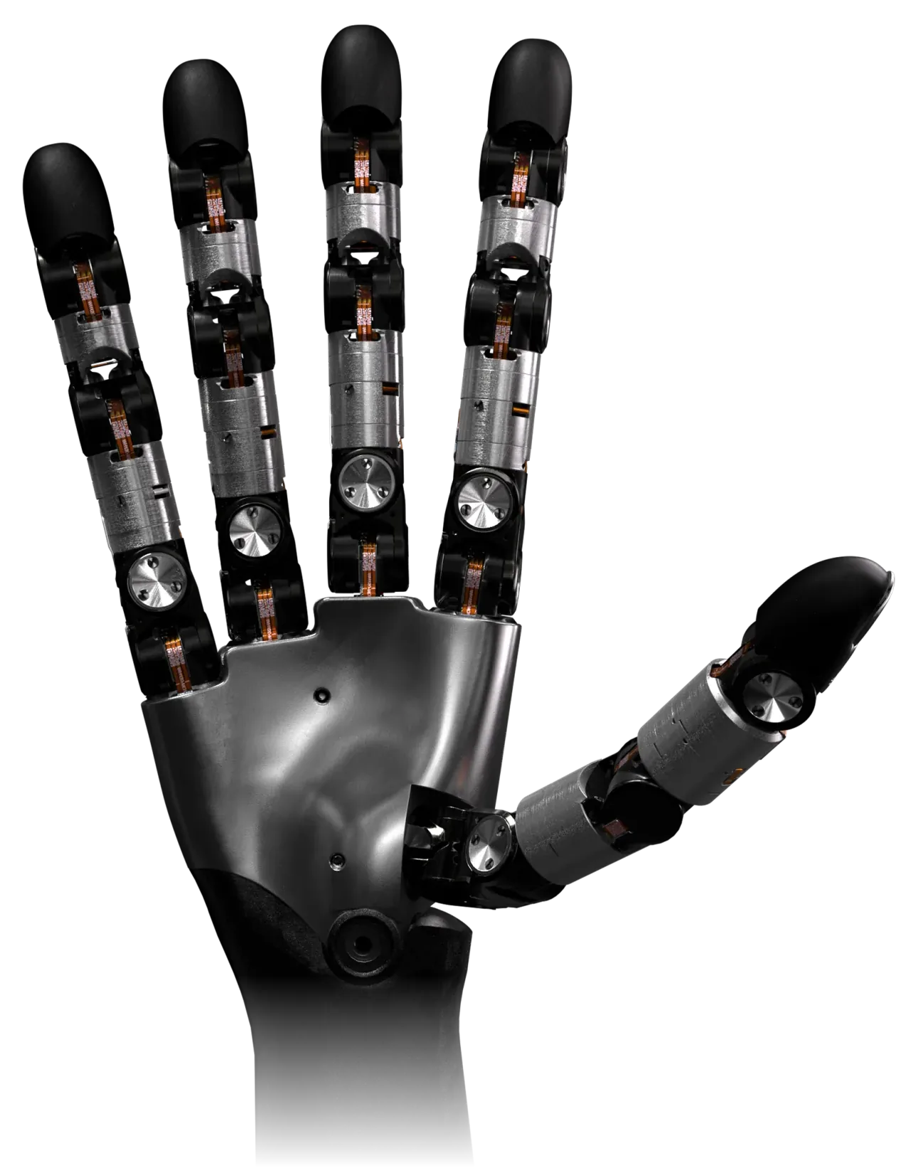 Mano Wuji Hand 2 de cinco dedos con eslabones plateados y articulaciones negras, vista por la palma