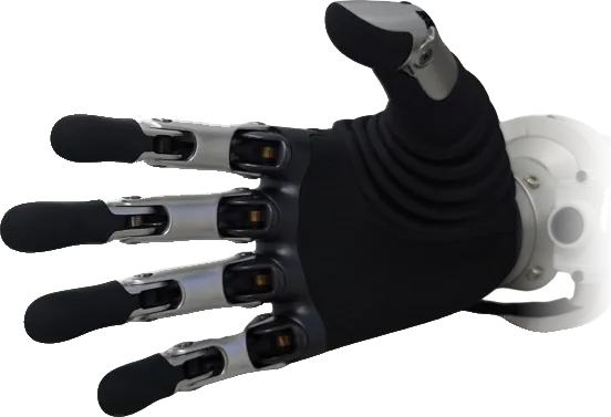 Mano BrainCo Revo 2 con la palma negra hacia arriba, montada en la muñeca de un robot Unitree