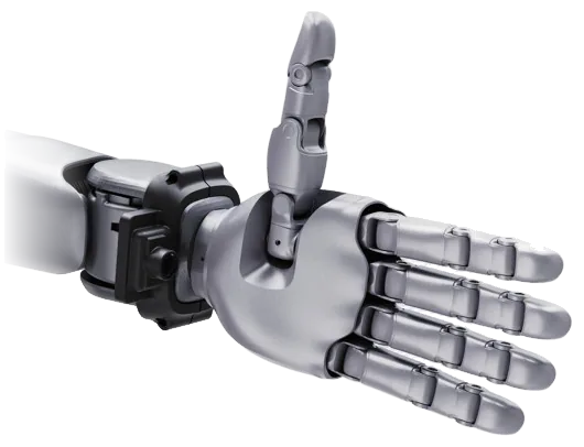 Mano BrainCo Revo 3 plateada con el pulgar arriba, montada en el antebrazo de un H2