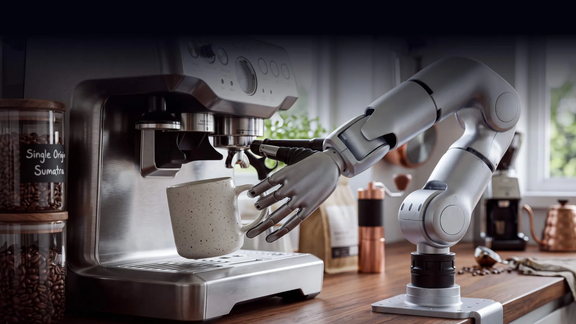R1-7a con mano diestra prepara un café en una cafetera de espresso
